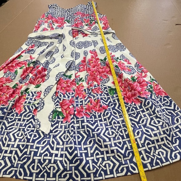 Talbots Women's Size 12P Floral Blue Grecian Tile Boatneck Fit and Flare Dress - Picture 11 of 13